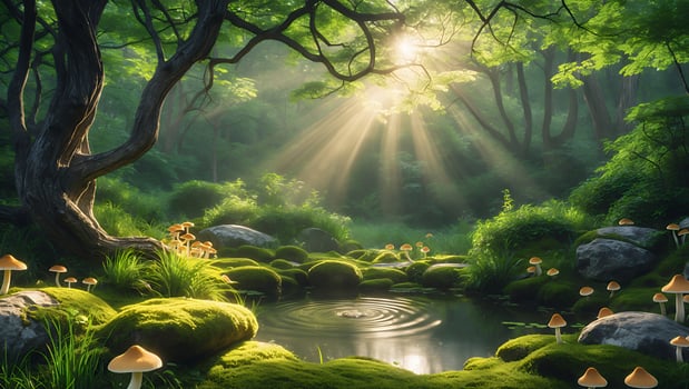 Serene forest scene with sunlight filtering through trees, illuminating a tranquil pond surrounded by mushrooms photo