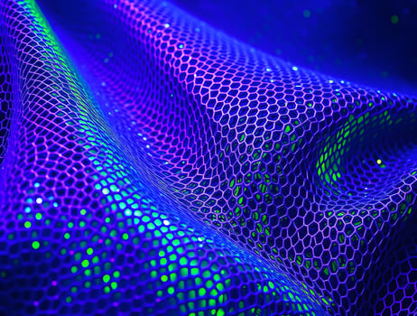 Vibrant Hexagon Netting Abstract 3D Render of Dynamic Purple and Green Mesh photo