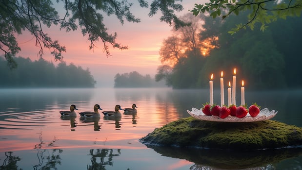 Serene lake at dawn with ducks swimming past a candlelit plate of strawberries on moss photo