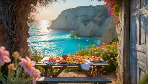 Scenic coastal dining setup with a variety of dishes, vibrant flowers, and sunset view by the sea photo