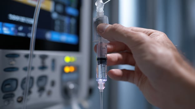 First-person View of Adjusting IV Drip Regulator with Monitor in Background photo