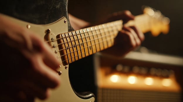 First-Person View of Chord Transitions on Electric Guitar with Amplifier Glow photo