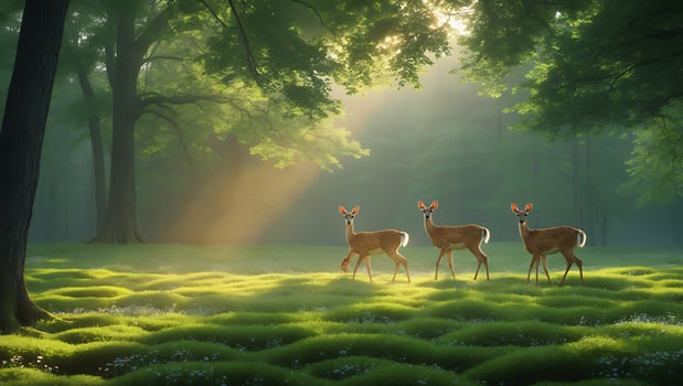 Three deer walking gracefully through a sunlit forest, surrounded by lush greenery and soft grass photo