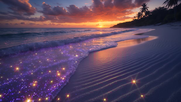 Serene sunset over a tranquil beach with sparkling waves and palm trees lining the shore photo