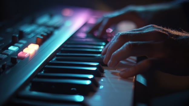 First-Person View of Hands Playing Synthesizer with Glowing Buttons and Ambient Light photo