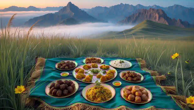Scenic outdoor picnic featuring a variety of traditional dishes on a vibrant cloth, with mountains and mist photo