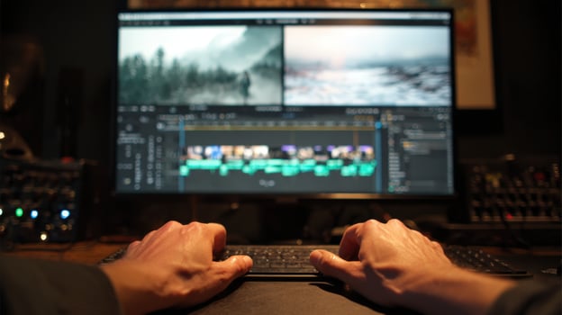 First-Person View of Audio Mixing with Organized Sound Files on Monitor photo
