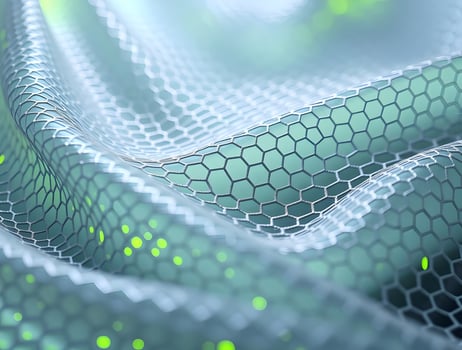 Abstract Hexagon Network Futuristic Mesh Pattern Digital Technology Background Modern Geometric Design Seamless Grid Texture Wavy Surface Elegant Teal and Green Hues photo