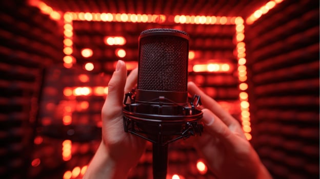 First-person view of adjusting condenser microphone in vocal booth with LED lighting photo