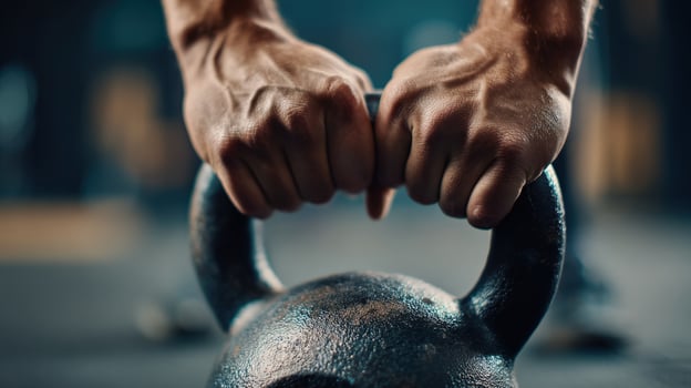 First-Person View of Hands Performing Kettlebell Swing in Training Studio photo