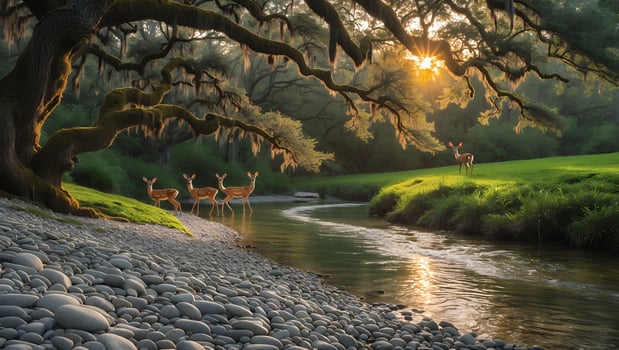 Serene riverbank scene at sunset with deer grazing near a tranquil stream surrounded by lush greenery photo