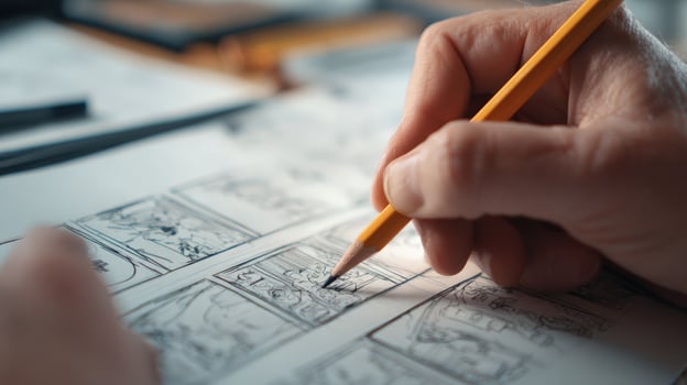 First-Person View of Hands Drawing Storyboard Frames for Animation Planning photo