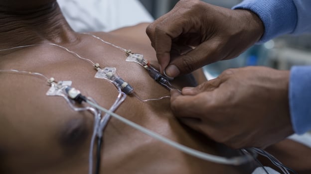 First-person view of hands attaching ECG electrodes to patient's chest for clinical monitoring photo