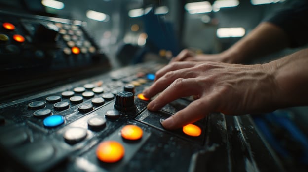 First-Person View of Hands Operating CNC Machine Control Panel with Illuminated Buttons photo