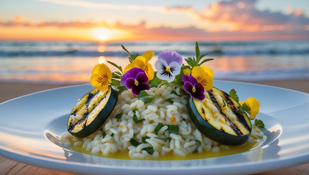 A plate of food with flowers on it photo