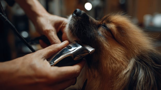 First-Person View of Dog Grooming with Electric Clippers in Studio photo
