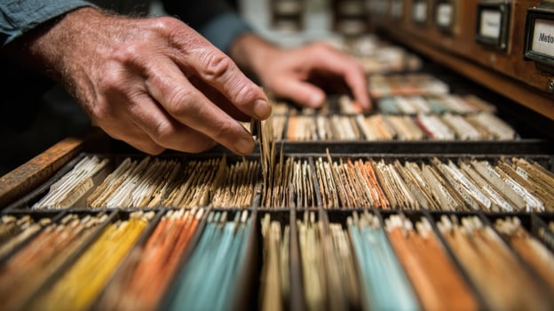 First-Person View of Hands Organizing Files in Archive Drawer photo