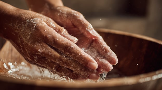 First-Person View of Hands Applying Exfoliant in Spa-Like Setting photo