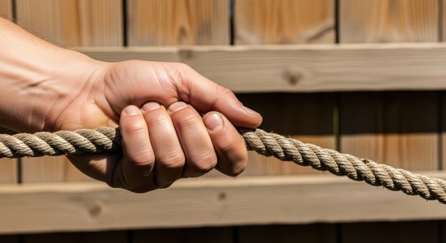 A hand firmly grips and pulls a thick rope photo
