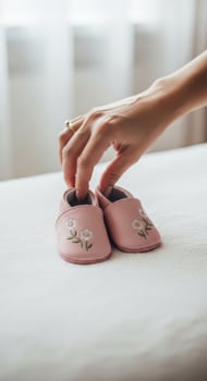 Hand holding a pair of pink baby booties photo