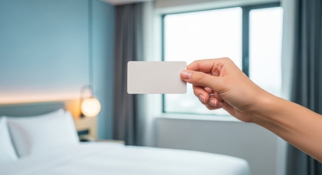 A hand holds a blank white key card in a modern hotel room photo