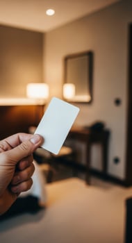 Hand holding a blank hotel room key card photo