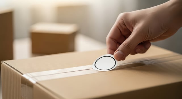 Hand placing a blank oval sticker on a cardboard box photo