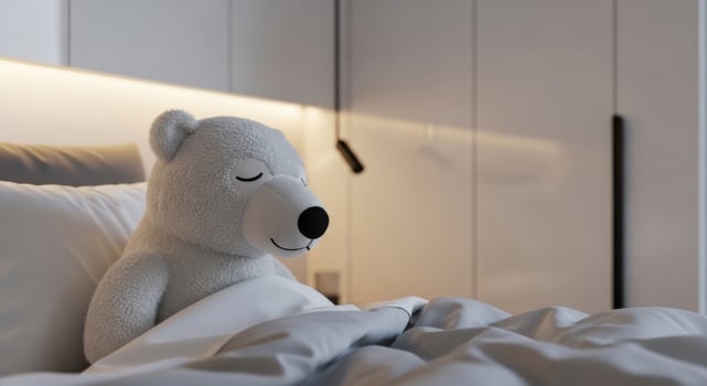 Fluffy white teddy bear sleeping peacefully under a duvet in a modern bedroom photo