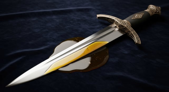 Ornate Dagger Blade Resting in Amber Liquid on Dark Blue Fabric photo