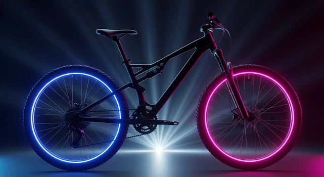 A mountain bike with neon lights on the wheels against a dark background photo