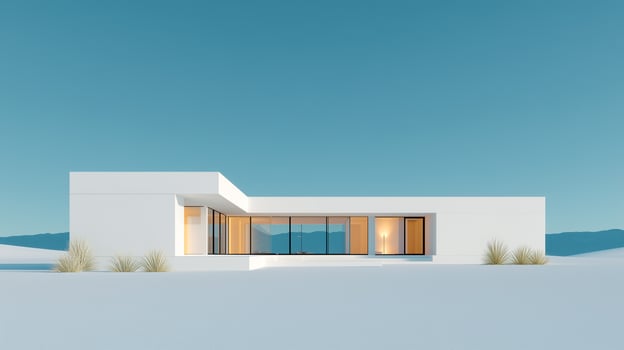 Modern minimalist house with large glass windows in desert landscape. Contemporary architecture design for off-grid living, sustainable home with clean lines and natural setting. photo