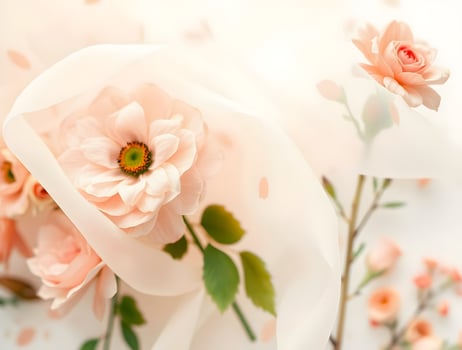 Peach Roses and Anemones Delicate Floral Arrangement with Sheer Fabric photo