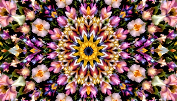 a kaleidoscopic burst of mirrored flower arrangements forming a radial design. photo