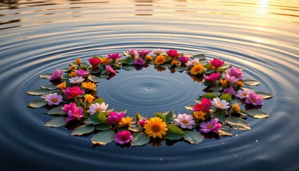 a circle of vibrant flowers floating peacefully on a lake surface at golden hour, casting reflections. photo