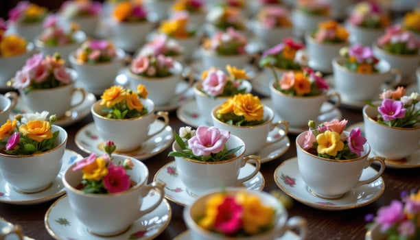 a collection of vintage teacups each filled with a tiny bouquet of ornamental flowers arranged in rows. photo