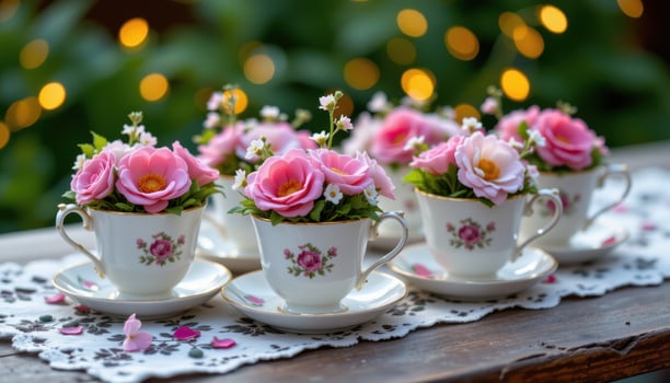 a collection of flower stuffed vintage teacups on a lace runner beneath fairy lights. photo
