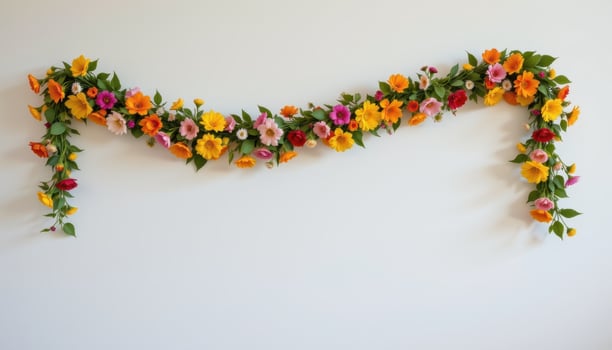 a long garland made of seasonal flowers stretched along a white wall in a gentle curve. photo