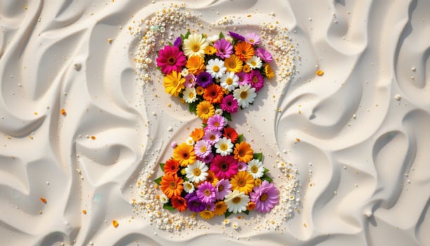 an overhead photo of flowers arranged like an hourglass on white sand.
