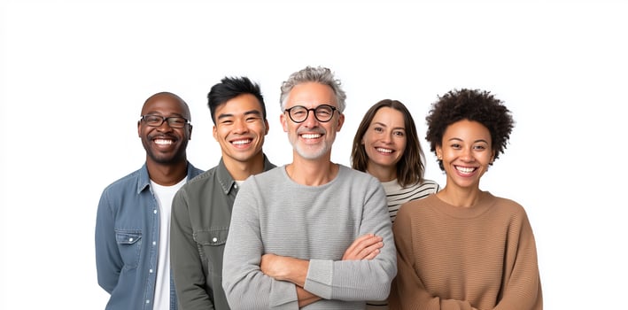 Diverse multicultural group of five happy people showcasing ethnic diversity and inclusive social harmony photo