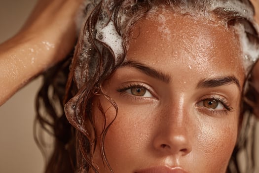 Woman washing hair with shampoo photo