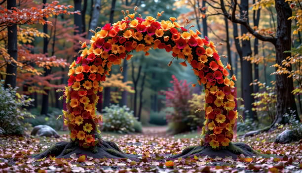 a symmetrical arch filled with orange and burgundy autumn blooms, placed in a colorful forest with fallen leaves. photo