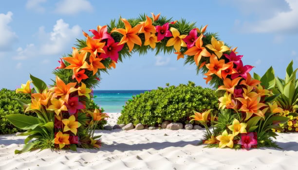 an ornamental arch made of tropical flowers with bold colors and oversized petals, standing on white sand. photo