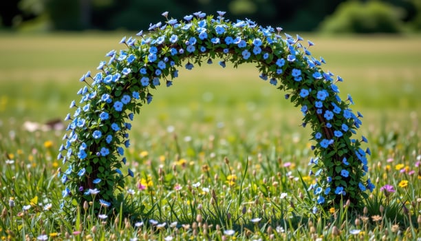 an organic arch covered in tiny blue wildflowers standing alone in an open grass field. photo