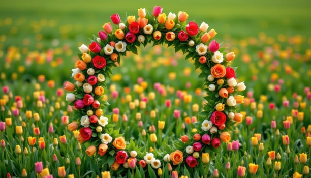 a fully closed floral circle made from fresh tulips, resembling a wreath standing vertically in a green field. photo