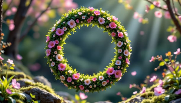 a circular floral portal hovering in midair, framed with moss and tiny glimmering petals. photo