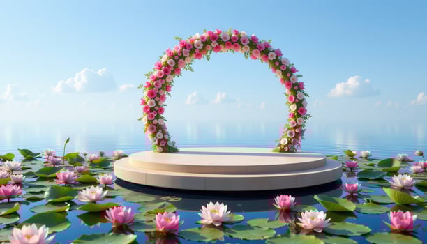 a floating platform holding a flower arch above calm blue water surrounded by lotus blooms. photo