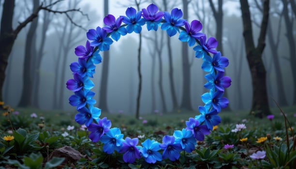 a glowing flower ring made from bioluminescent petals in blue and purple, suspended in the middle of a foggy forest clearing. photo