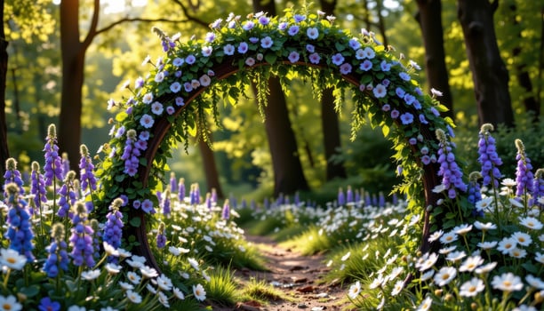 a rustic woodland arch decorated with foxgloves, bluebells, and delicate white daisies, bathed in soft dappled sunlight filtering through the surrounding trees without any humans or animals present. photo