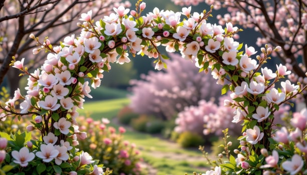 a delicate spring arch made of cherry blossoms, white magnolia flowers, and soft green foliage, illuminated by diffused daylight and surrounded by tranquility without any animals or humans present. photo