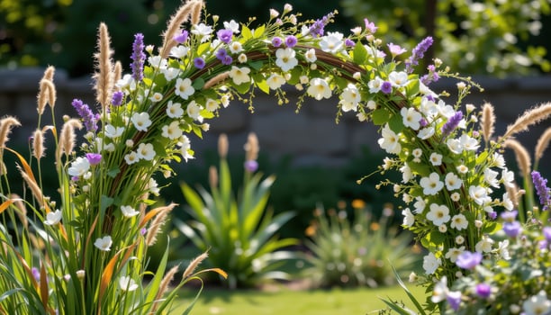 a natural flower arch adorned with wild grasses, lavender sprigs, and delicate white blossoms, situated in a secluded outdoor space radiating peacefulness and free from people or animals. photo